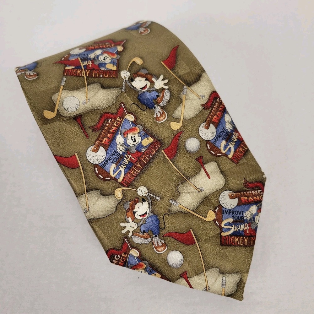 Disney Mickey & Co Silk Tie Mens Golf Driving Range Olive Green Mickey Mouse